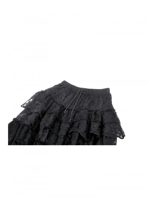 Elegant Black Layered Rose Lace Mesh Gothic Style Cake Skirt