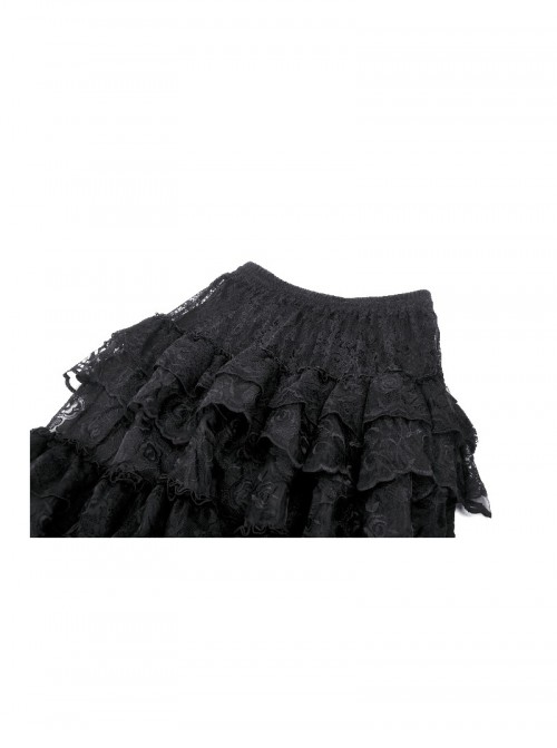 Elegant Black Layered Rose Lace Mesh Gothic Style Cake Skirt