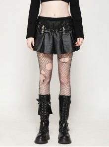 Cool Black Leather Stitching Cross Strap Design Metal Buckle Decoration Punk Style Skirt