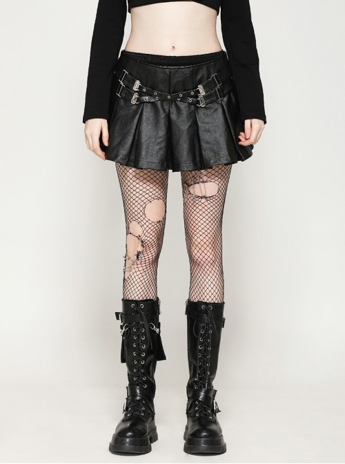 Cool Black Leather Stitching Cross Strap Design Metal Buckle Decoration Punk Style Skirt