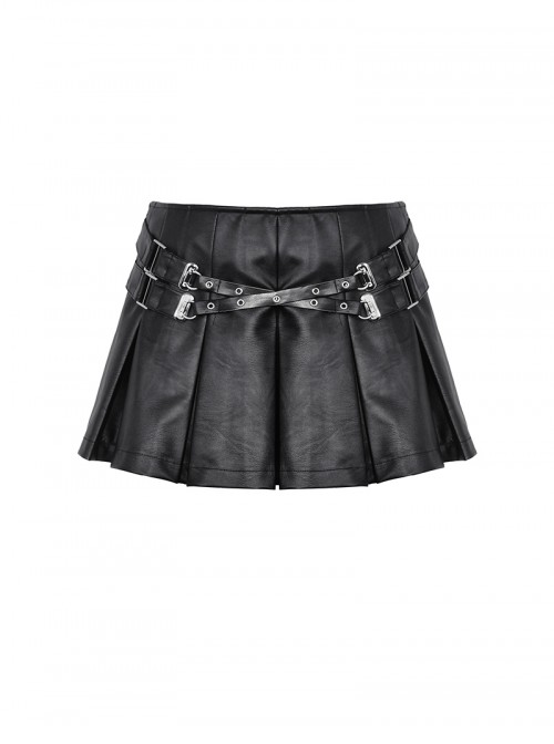 Cool Black Leather Stitching Cross Strap Design Metal Buckle Decoration Punk Style Skirt