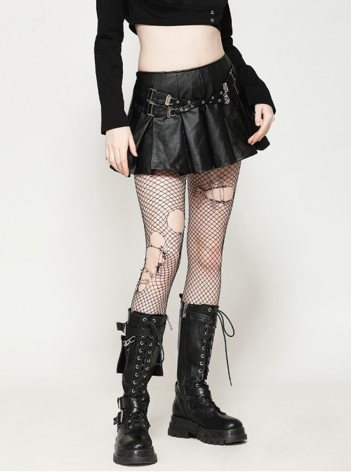 Cool Black Leather Stitching Cross Strap Design Metal Buckle Decoration Punk Style Skirt