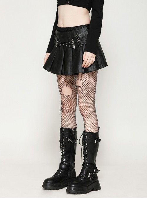 Cool Black Leather Stitching Cross Strap Design Metal Buckle Decoration Punk Style Skirt