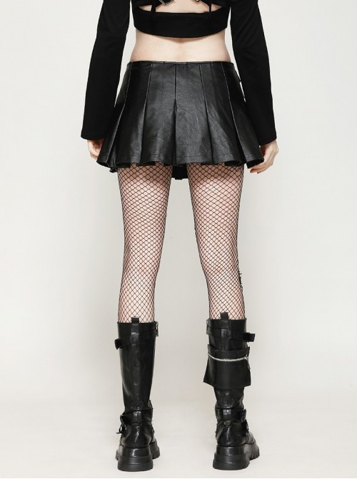 Cool Black Leather Stitching Cross Strap Design Metal Buckle Decoration Punk Style Skirt