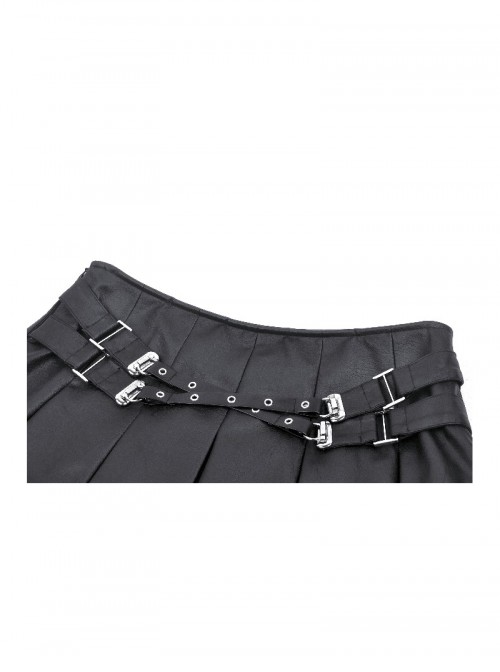 Cool Black Leather Stitching Cross Strap Design Metal Buckle Decoration Punk Style Skirt