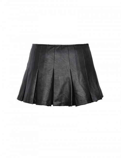 Cool Black Leather Stitching Cross Strap Design Metal Buckle Decoration Punk Style Skirt