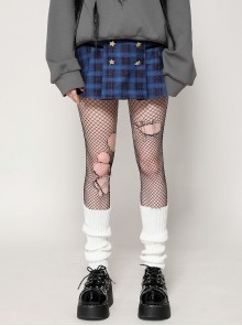 Unique Indigo Blue Plaid Pattern Cute Double-Breasted Metal Star Button Decorated Punk Style Skirt