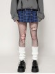 Unique Indigo Blue Plaid Pattern Cute Double-Breasted Metal Star Button Decorated Punk Style Skirt