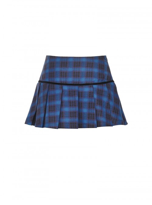 Unique Indigo Blue Plaid Pattern Cute Double-Breasted Metal Star Button Decorated Punk Style Skirt