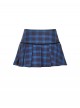 Unique Indigo Blue Plaid Pattern Cute Double-Breasted Metal Star Button Decorated Punk Style Skirt