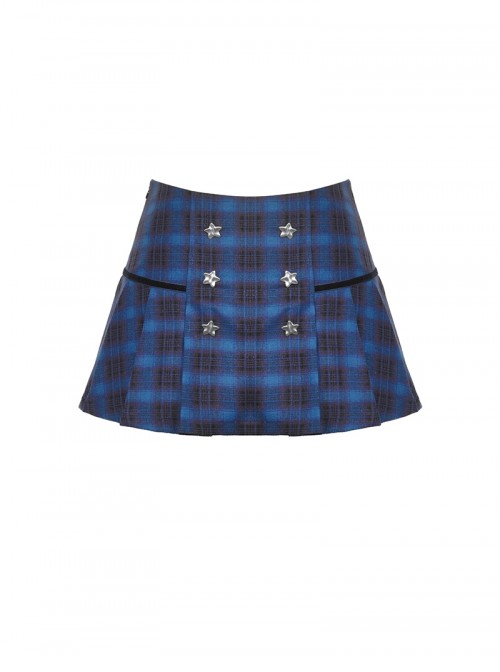 Unique Indigo Blue Plaid Pattern Cute Double-Breasted Metal Star Button Decorated Punk Style Skirt
