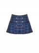 Unique Indigo Blue Plaid Pattern Cute Double-Breasted Metal Star Button Decorated Punk Style Skirt
