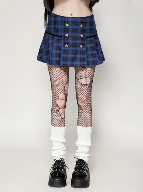 Unique Indigo Blue Plaid Pattern Cute Double-Breasted Metal Star Button Decorated Punk Style Skirt