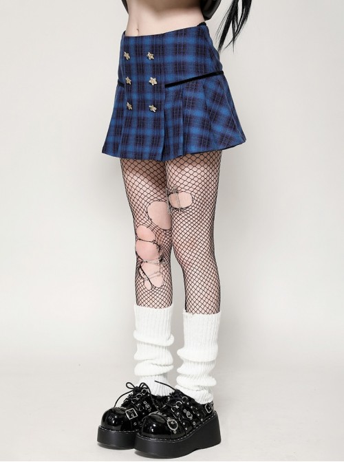 Unique Indigo Blue Plaid Pattern Cute Double-Breasted Metal Star Button Decorated Punk Style Skirt