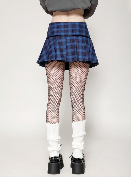 Unique Indigo Blue Plaid Pattern Cute Double-Breasted Metal Star Button Decorated Punk Style Skirt