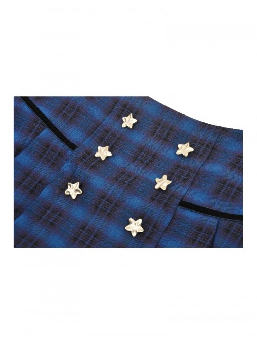 Unique Indigo Blue Plaid Pattern Cute Double-Breasted Metal Star Button Decorated Punk Style Skirt