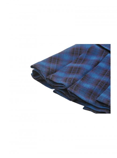 Unique Indigo Blue Plaid Pattern Cute Double-Breasted Metal Star Button Decorated Punk Style Skirt