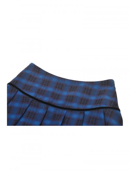 Unique Indigo Blue Plaid Pattern Cute Double-Breasted Metal Star Button Decorated Punk Style Skirt