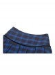 Unique Indigo Blue Plaid Pattern Cute Double-Breasted Metal Star Button Decorated Punk Style Skirt