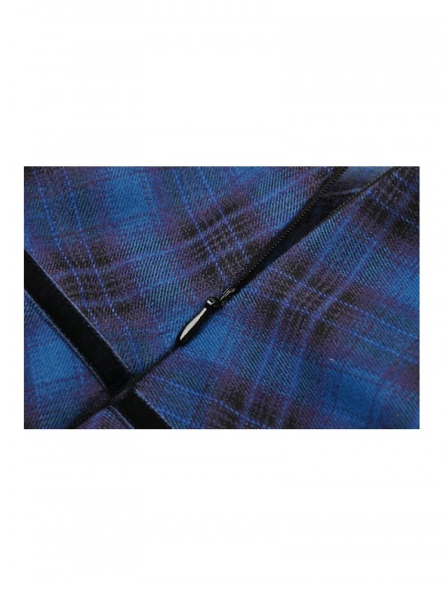 Unique Indigo Blue Plaid Pattern Cute Double-Breasted Metal Star Button Decorated Punk Style Skirt