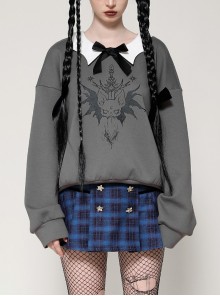Daily Simple Grey Demon Cat Print Unique Bat Collar Design Preppy Style Gothic Style Sweatshirt