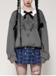 Daily Simple Grey Demon Cat Print Unique Bat Collar Design Preppy Style Gothic Style Sweatshirt