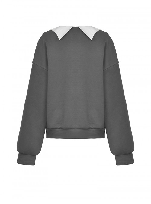 Daily Simple Grey Demon Cat Print Unique Bat Collar Design Preppy Style Gothic Style Sweatshirt