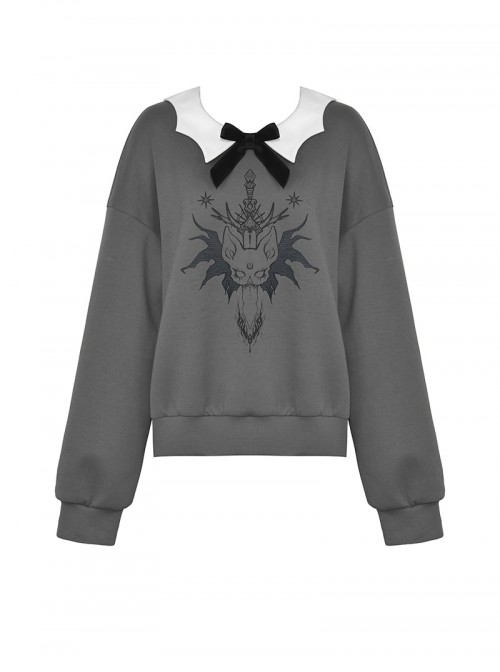 Daily Simple Grey Demon Cat Print Unique Bat Collar Design Preppy Style Gothic Style Sweatshirt