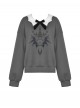Daily Simple Grey Demon Cat Print Unique Bat Collar Design Preppy Style Gothic Style Sweatshirt