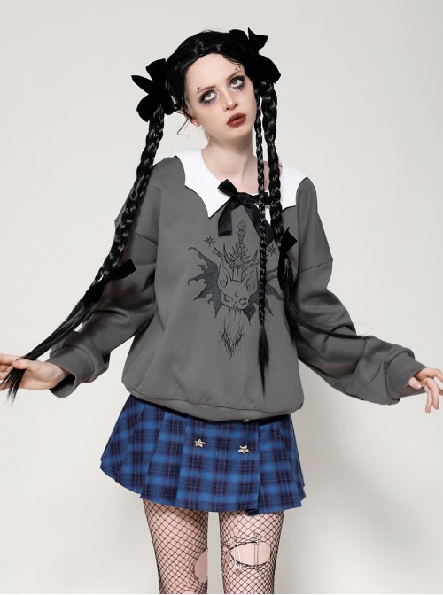 Daily Simple Grey Demon Cat Print Unique Bat Collar Design Preppy Style Gothic Style Sweatshirt