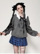 Daily Simple Grey Demon Cat Print Unique Bat Collar Design Preppy Style Gothic Style Sweatshirt