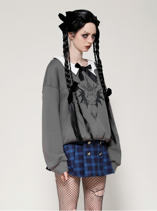 Daily Simple Grey Demon Cat Print Unique Bat Collar Design Preppy Style Gothic Style Sweatshirt