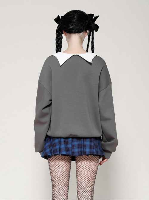 Daily Simple Grey Demon Cat Print Unique Bat Collar Design Preppy Style Gothic Style Sweatshirt