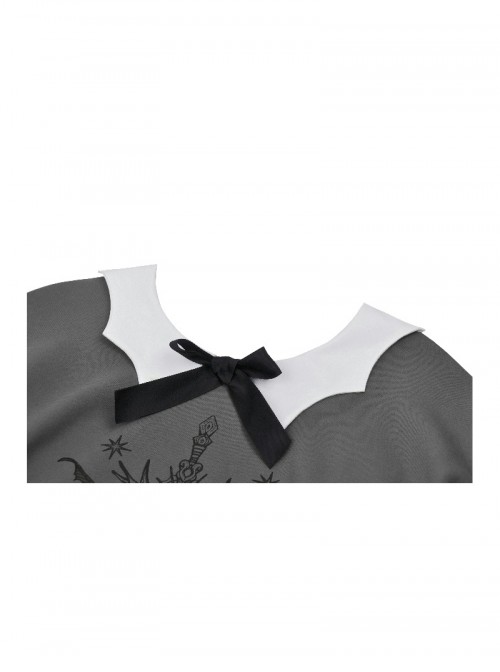 Daily Simple Grey Demon Cat Print Unique Bat Collar Design Preppy Style Gothic Style Sweatshirt