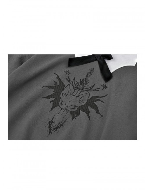 Daily Simple Grey Demon Cat Print Unique Bat Collar Design Preppy Style Gothic Style Sweatshirt
