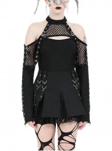 Black Cool Mesh Sexy Hollow Motorcycle Feeling Metal Buckle Decoration Punk Style Slim Top