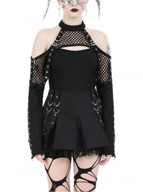 Black Cool Mesh Sexy Hollow Motorcycle Feeling Metal Buckle Decoration Punk Style Slim Top