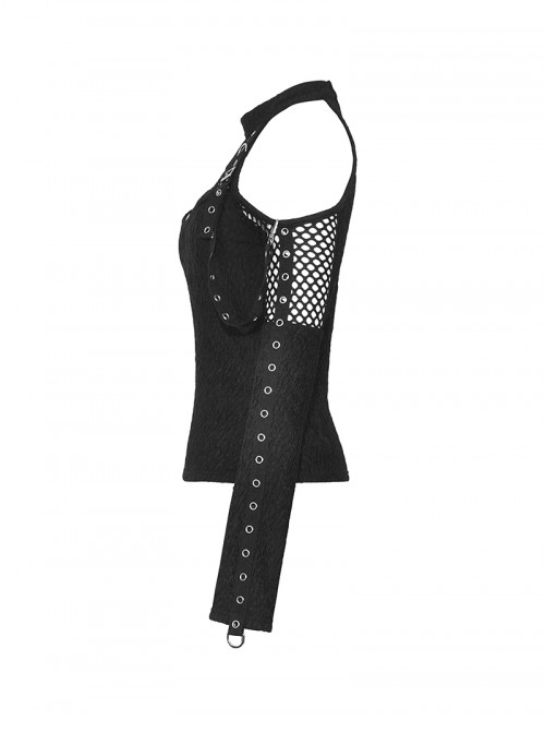Black Cool Mesh Sexy Hollow Motorcycle Feeling Metal Buckle Decoration Punk Style Slim Top