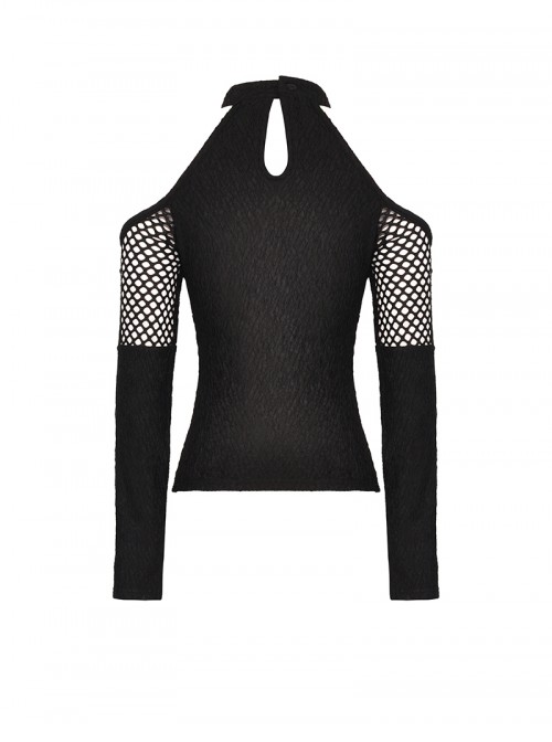 Black Cool Mesh Sexy Hollow Motorcycle Feeling Metal Buckle Decoration Punk Style Slim Top