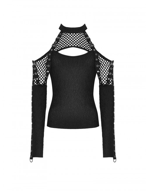 Black Cool Mesh Sexy Hollow Motorcycle Feeling Metal Buckle Decoration Punk Style Slim Top