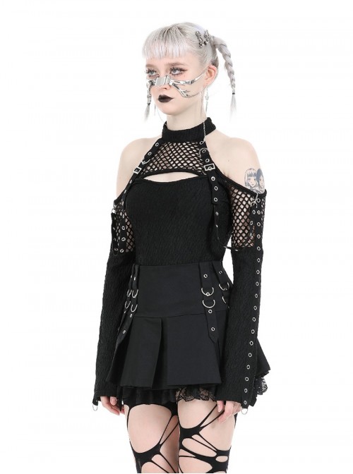 Black Cool Mesh Sexy Hollow Motorcycle Feeling Metal Buckle Decoration Punk Style Slim Top