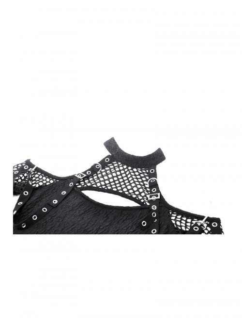 Black Cool Mesh Sexy Hollow Motorcycle Feeling Metal Buckle Decoration Punk Style Slim Top
