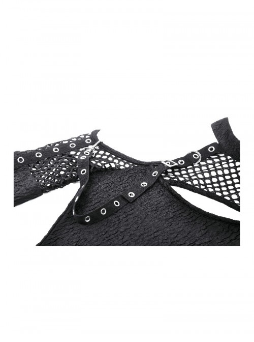 Black Cool Mesh Sexy Hollow Motorcycle Feeling Metal Buckle Decoration Punk Style Slim Top