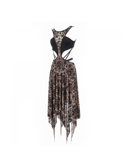 Flocking Print Mesh Waist Side Elastic Lace-Up Sharp Hem Brown Gothic Sleeveless Dress
