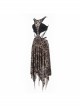 Flocking Print Mesh Waist Side Elastic Lace-Up Sharp Hem Brown Gothic Sleeveless Dress