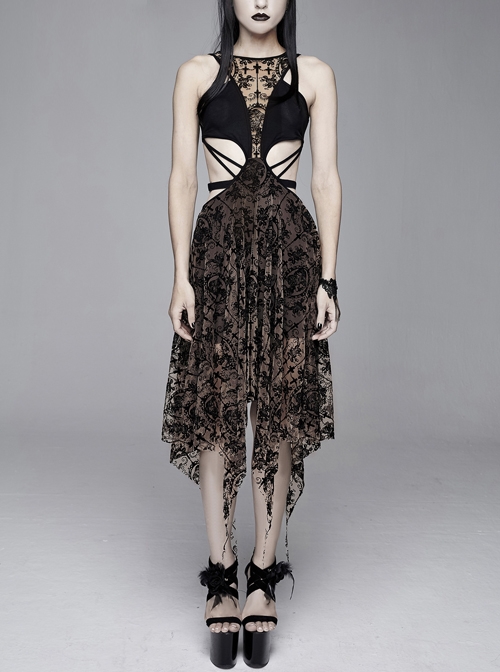 Flocking Print Mesh Waist Side Elastic Lace-Up Sharp Hem Brown Gothic Sleeveless Dress