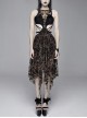 Flocking Print Mesh Waist Side Elastic Lace-Up Sharp Hem Brown Gothic Sleeveless Dress
