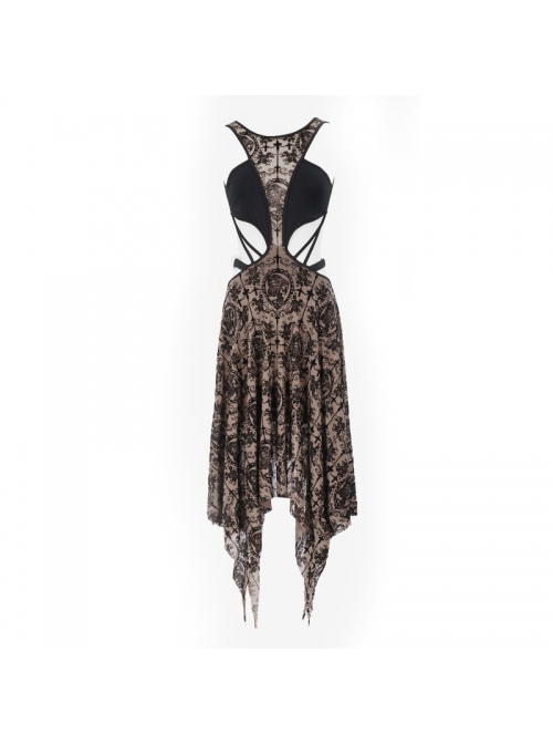 Flocking Print Mesh Waist Side Elastic Lace-Up Sharp Hem Brown Gothic Sleeveless Dress