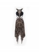 Flocking Print Mesh Waist Side Elastic Lace-Up Sharp Hem Brown Gothic Sleeveless Dress