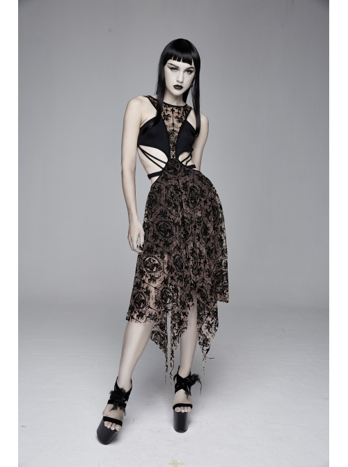 Flocking Print Mesh Waist Side Elastic Lace-Up Sharp Hem Brown Gothic Sleeveless Dress